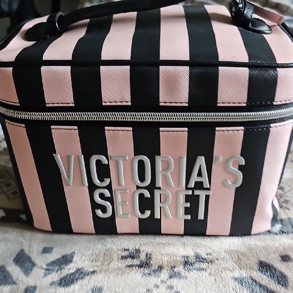 Victoria's Secret Pink and Black Cosmetic Bag with Striped Design